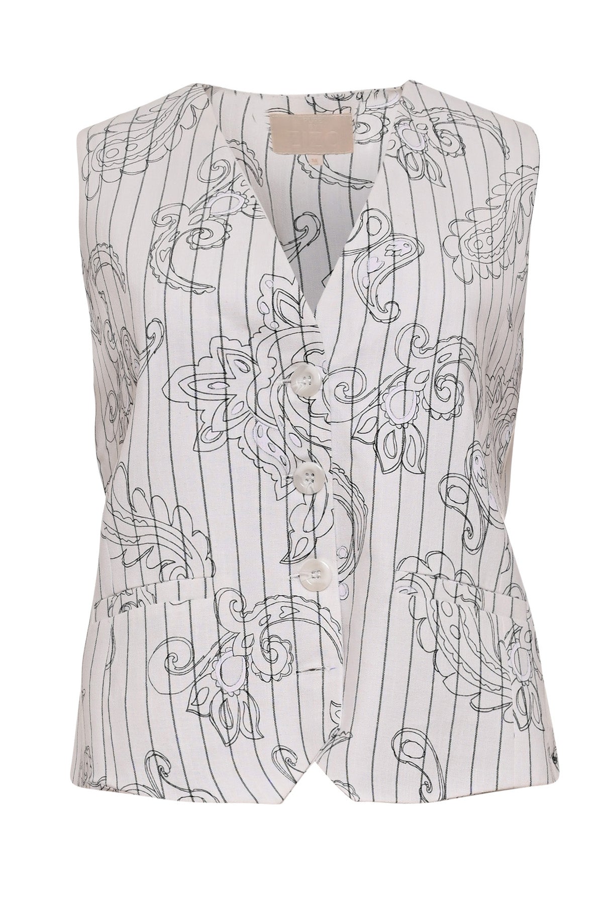 witte gilet met zwarte paisleyprint en streep zonder mouwen