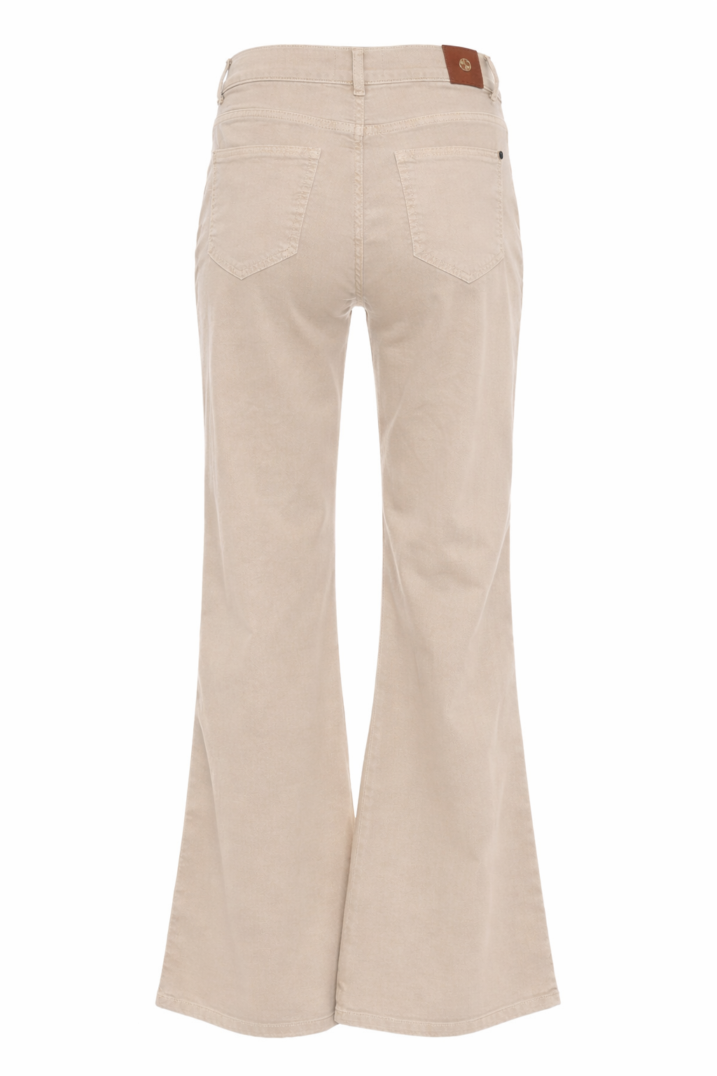 Achterkant van zandkleurige denim broek met flared pijpen