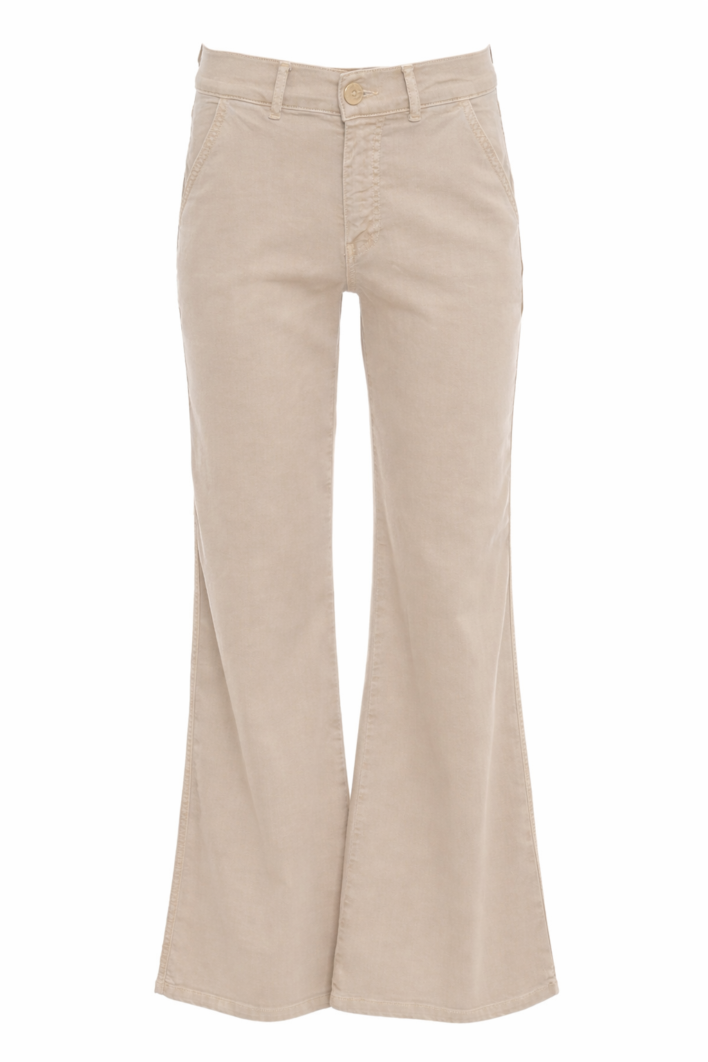 vooraanzicht van zandkleurige denim broek met steekzakken en luchtige zomerstof
