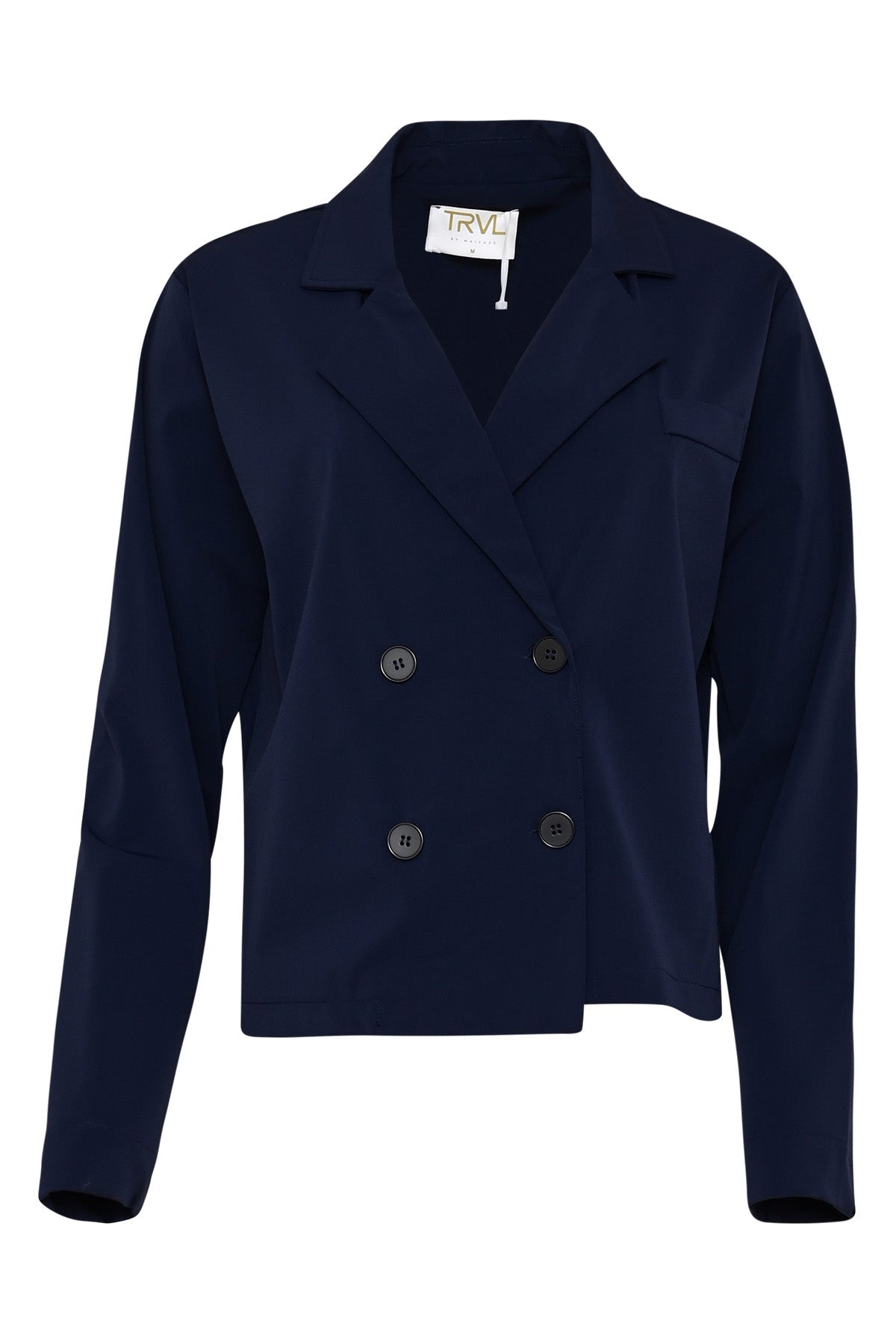traveljasje duran donkerblauw met dubbele knoopsluiting en klassieke kraag
