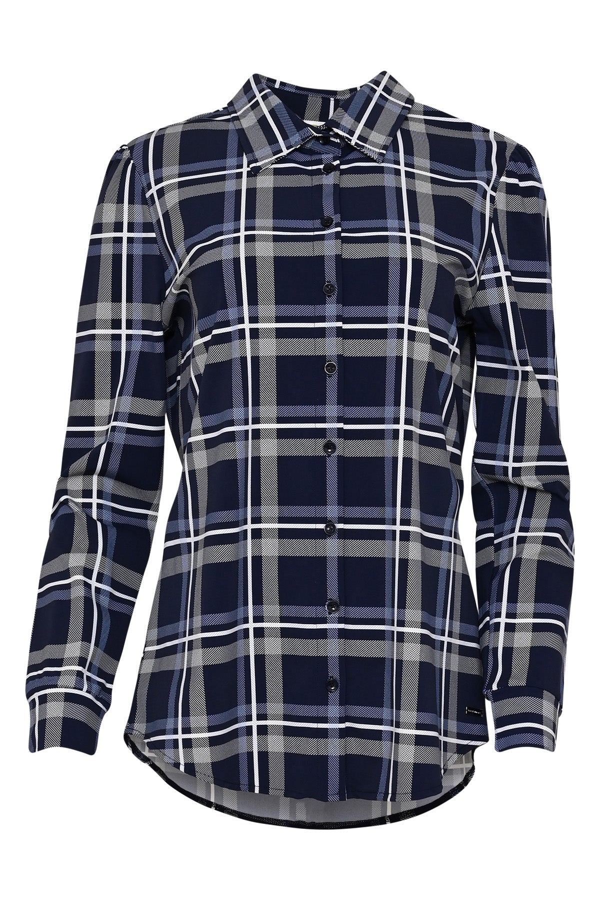 fayette donkerblauwe geruite travelblouse voor dames met knoopsluiting, lange mouwen en klassieke kraag