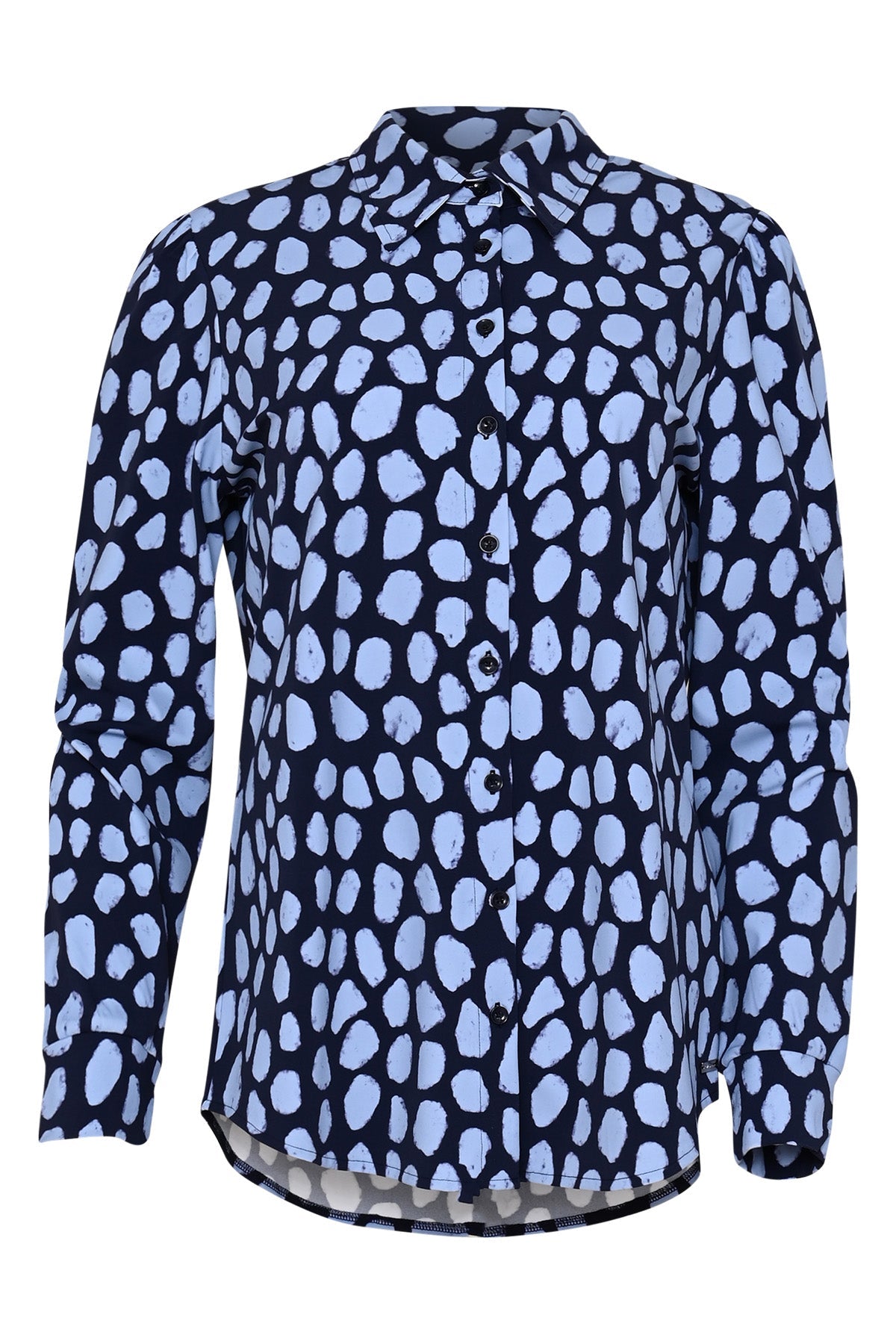 fayette travelblouse donkerblauw met lichtblauwe animal dots, knoopsluiting en klassieke kraag