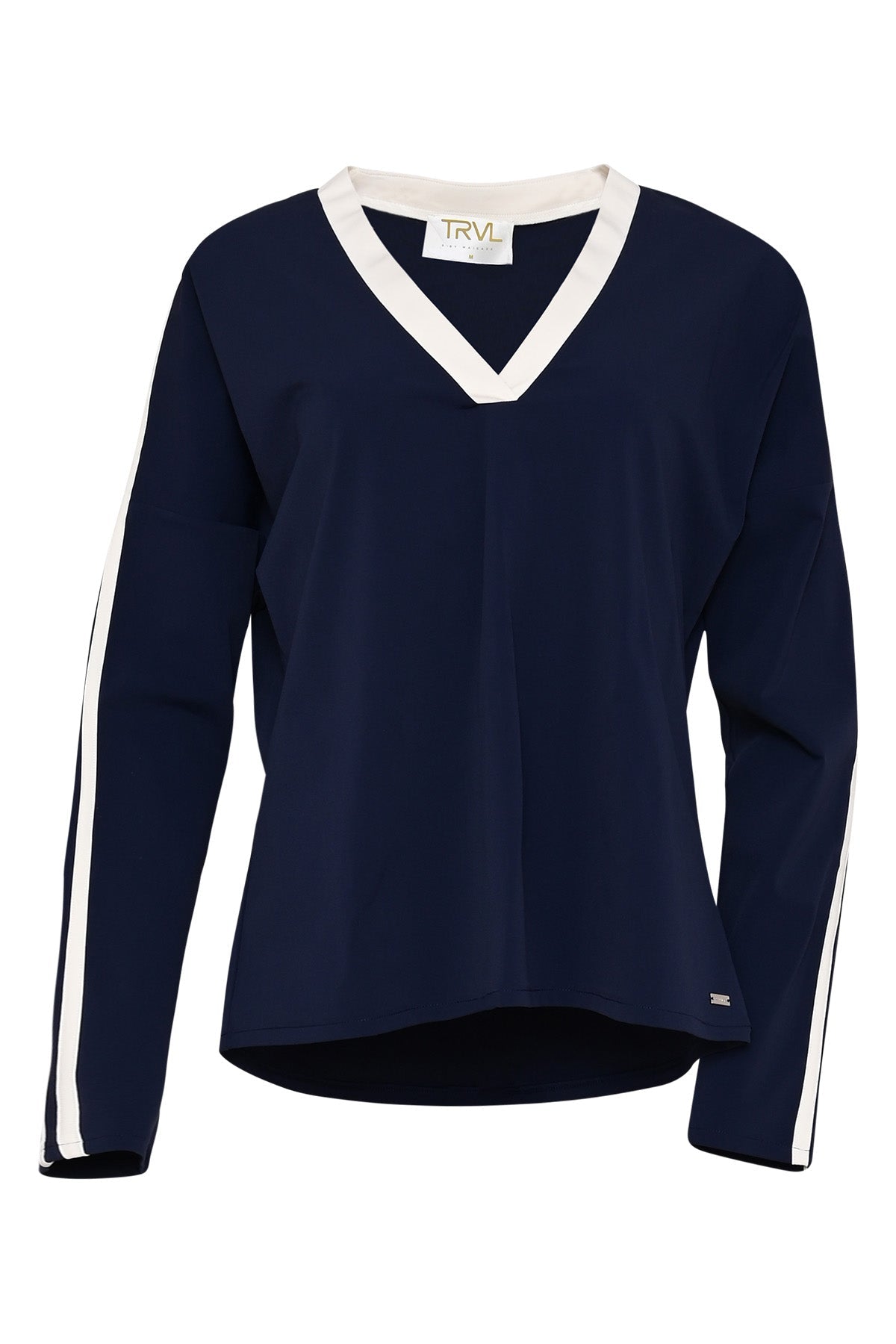 losina donkerblauw shirt met witte v-hals en witte dubbele strepen op de mouwen voor een sportief uiterlijk