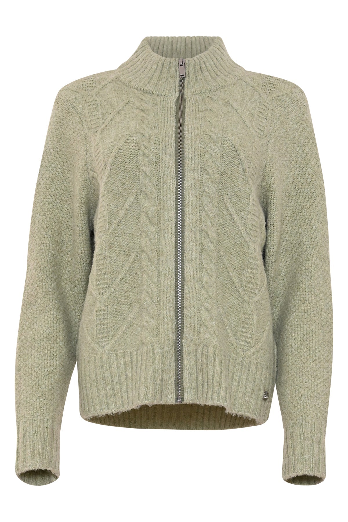vest perel in lichtgroen dusty green met ritssluiting en kabelpatroon