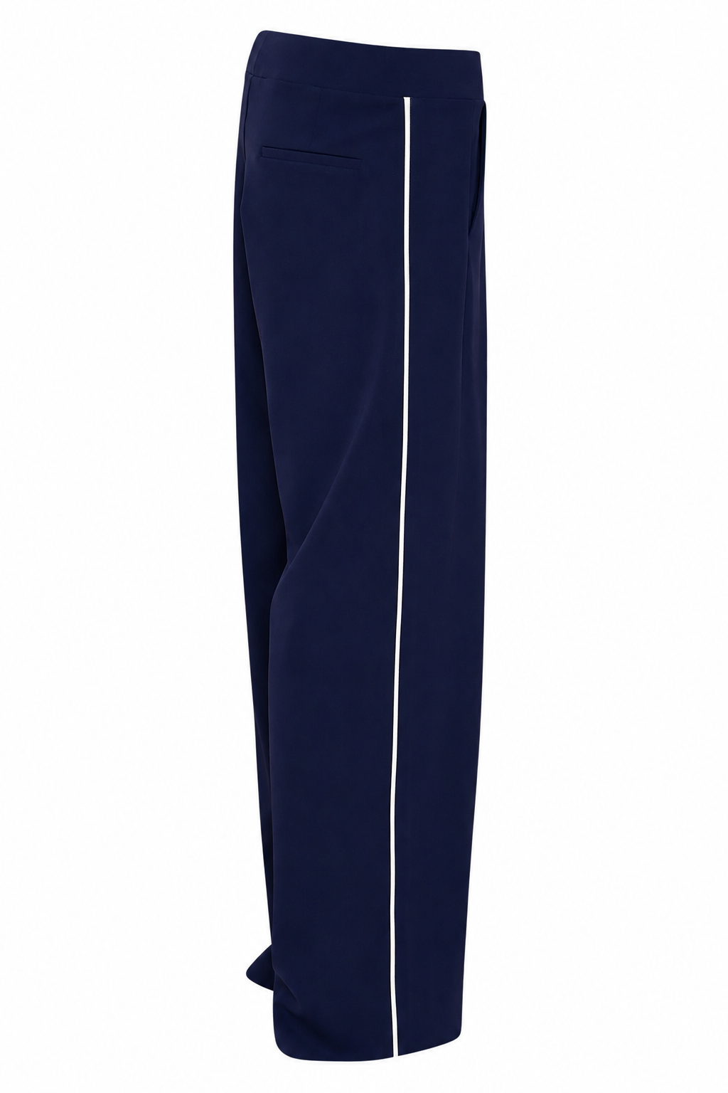 zijaanzicht donkerblauwe sportieve rida travelbroek met offwhite bies aan de zijkant