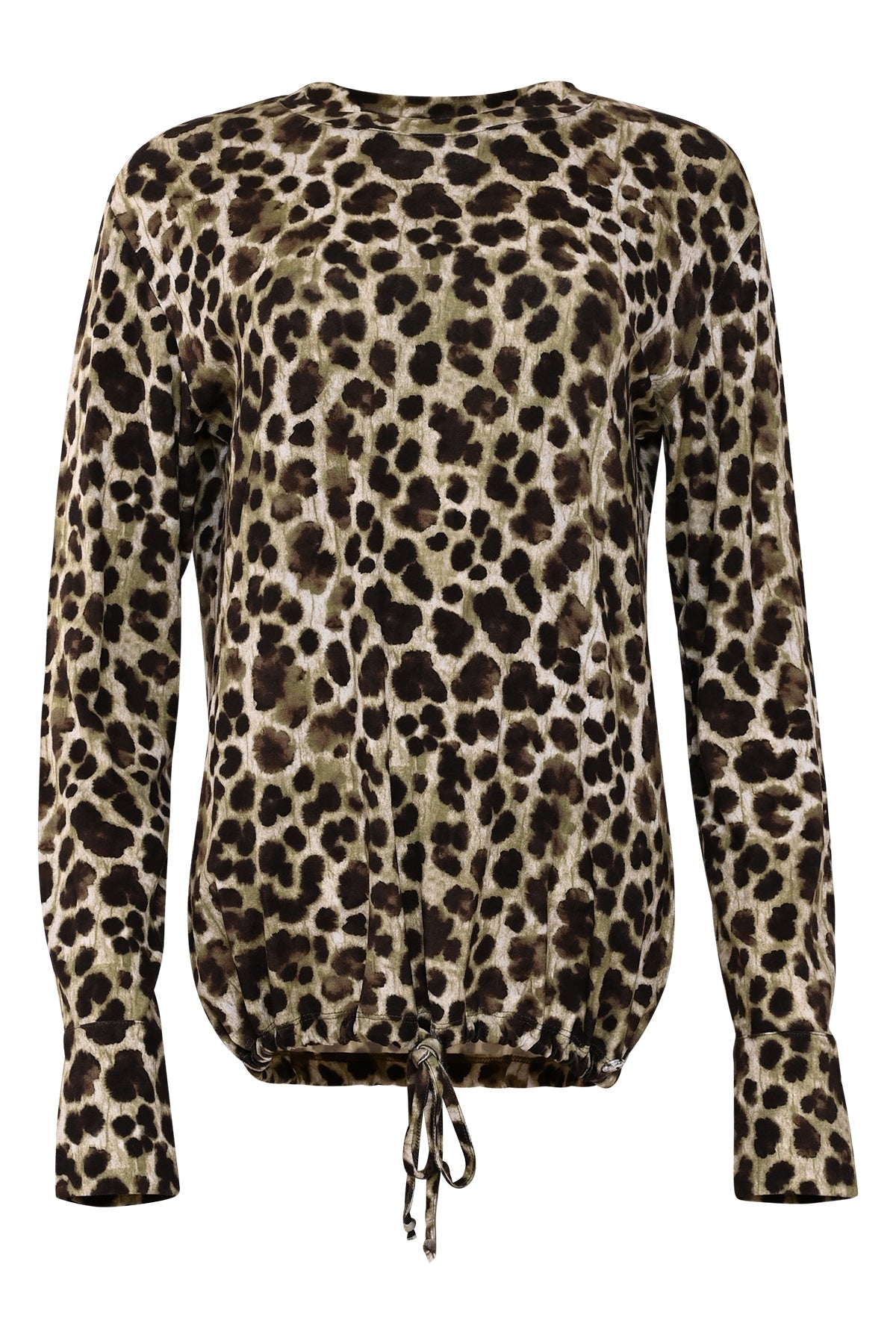 olijfgroene panterprint shirt tana met lange mouwen, ronde hals en verstelbaar koord aan de onderzijde voor een bloezend effect