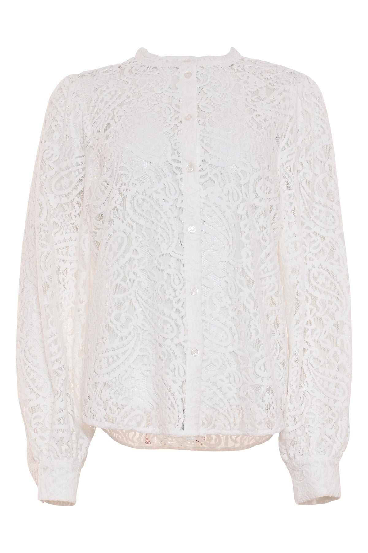 offwhite damesblouse met kanten bloemenmotief, ronde hals en knoopsluiting 