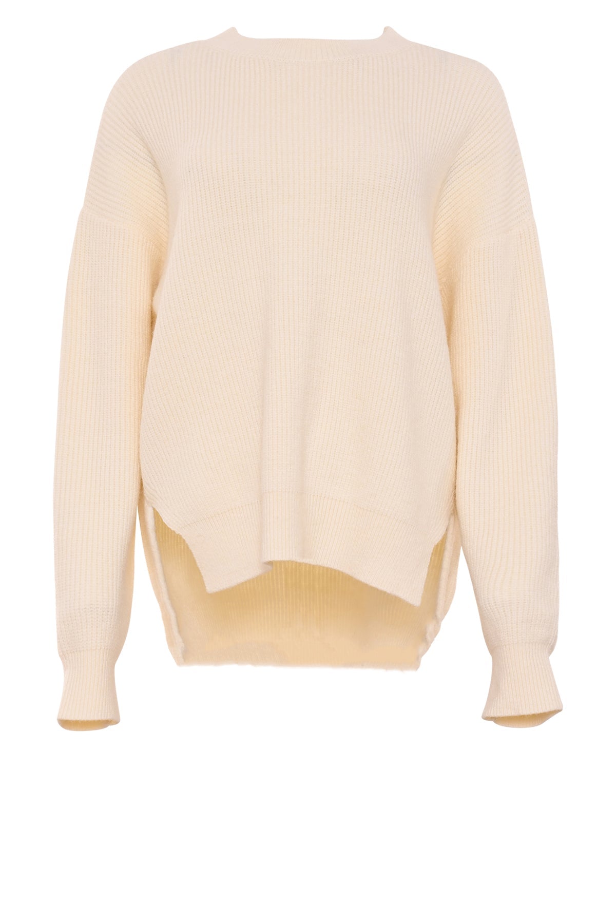 offwhite trui vay met splitten aan de zijkant en de achterzijde is langer dan de voorzijde voor een speeld effect