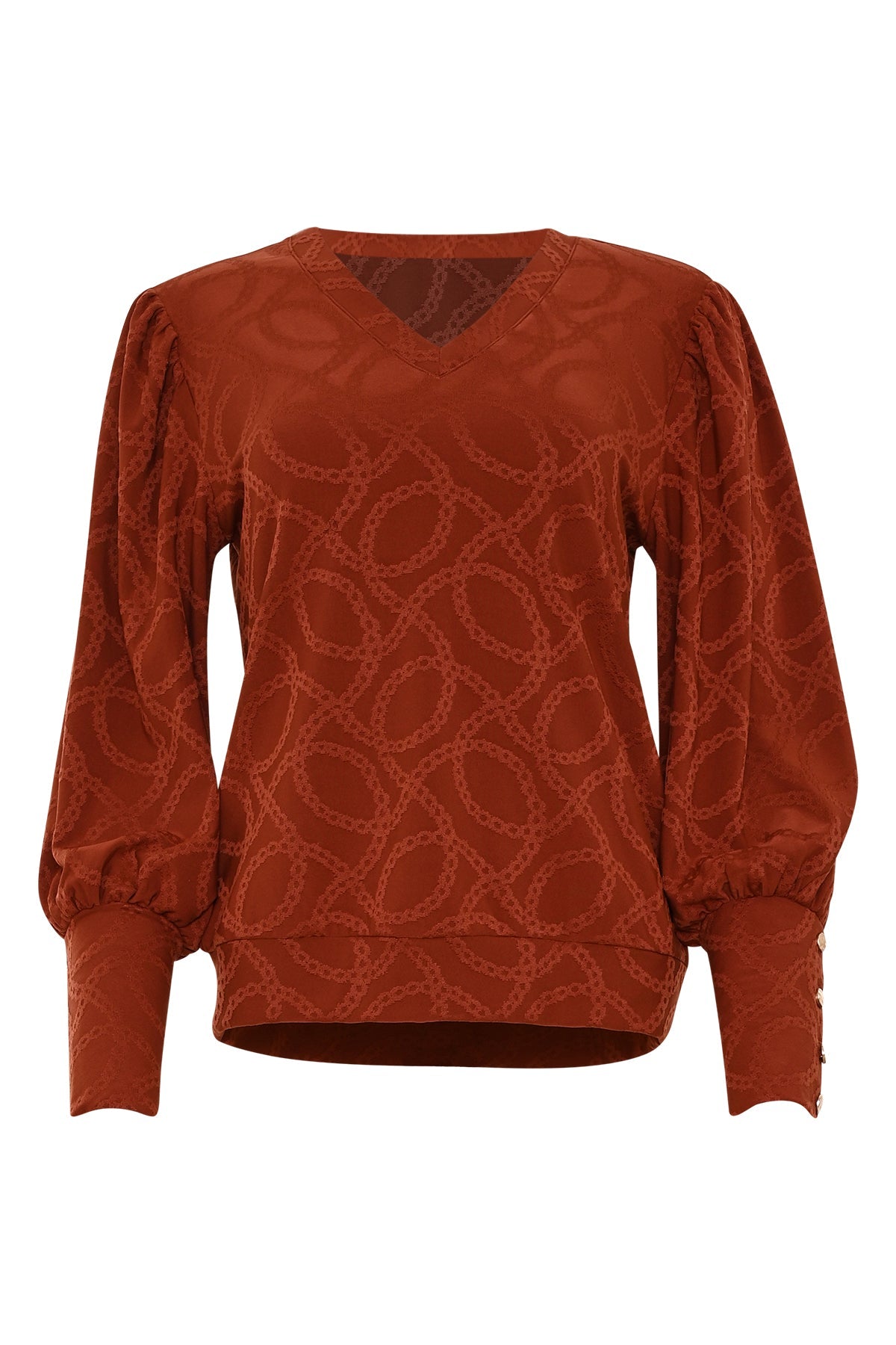 vazan shirt met lange mouwen, schakelpatroon en v-hals in roestbruine herfstkleur