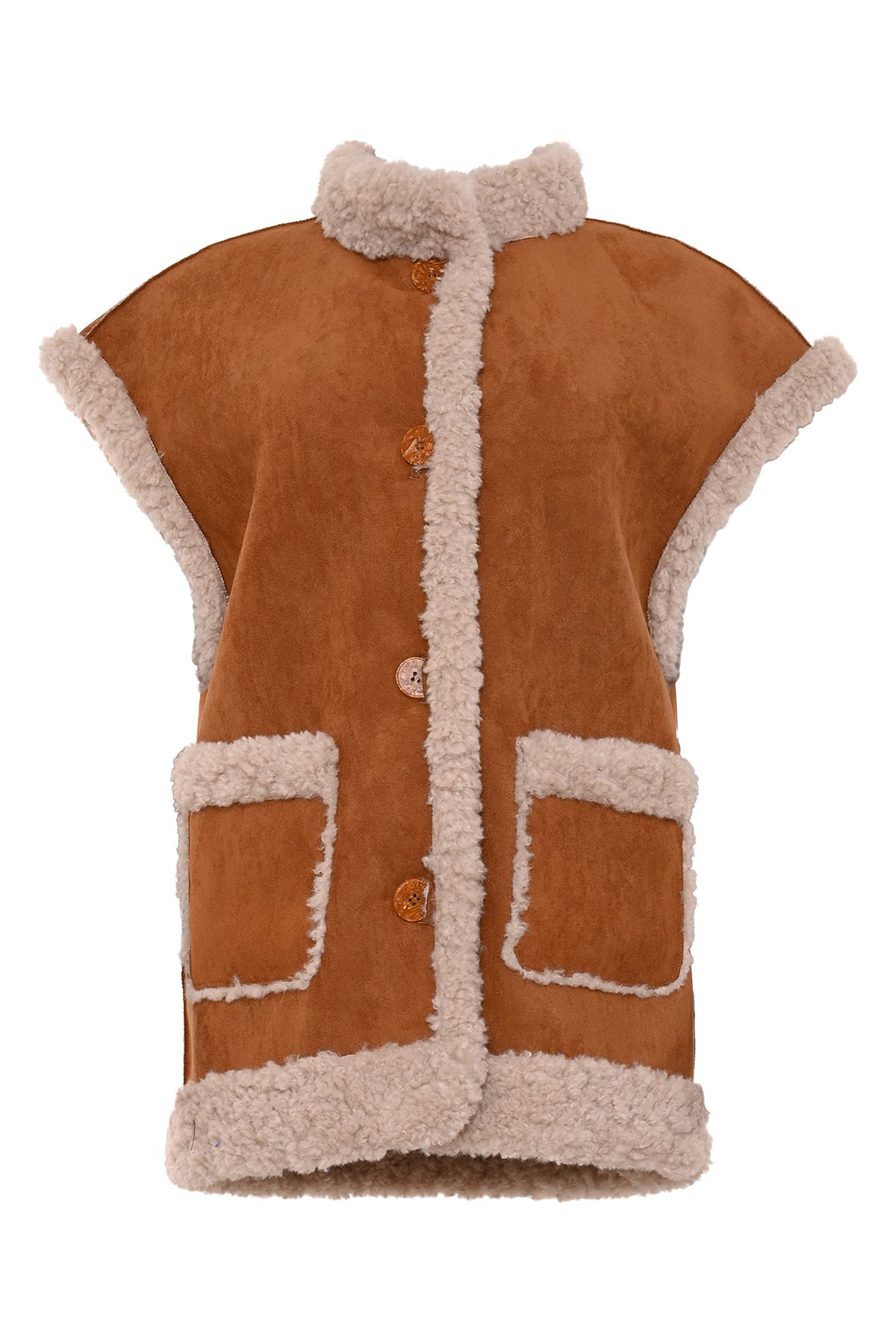 vengi damesgilet in teddystof met knoopsluiting en zakken 