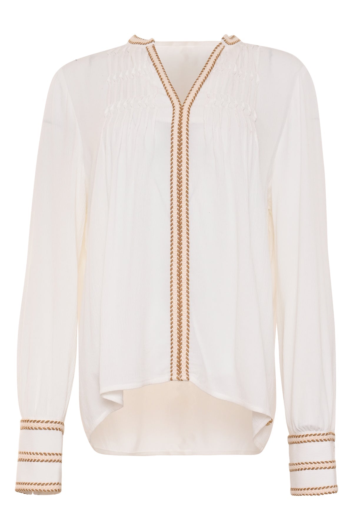 off-white damesblouse met v-hals en sierband in warme camel- en bruintinten