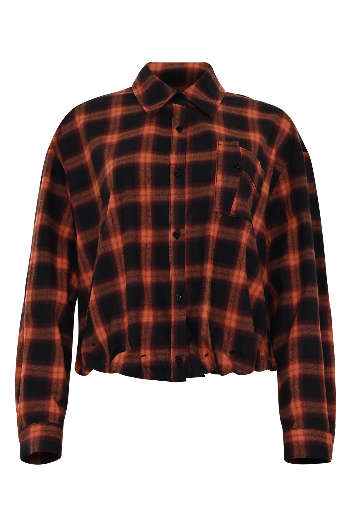 vondon geruite roestbruine damesblouse met verstelbare koorden aan de onderzijde, knoopsluiting en borstzak en lange mouwen
