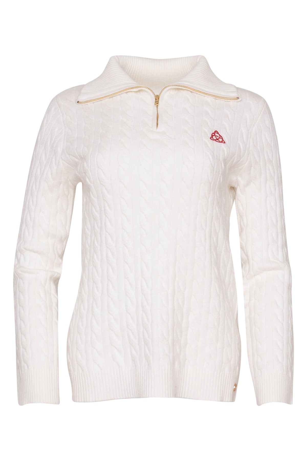 zeliha offwhite kabeltrui met rits en rood maicazz logo 