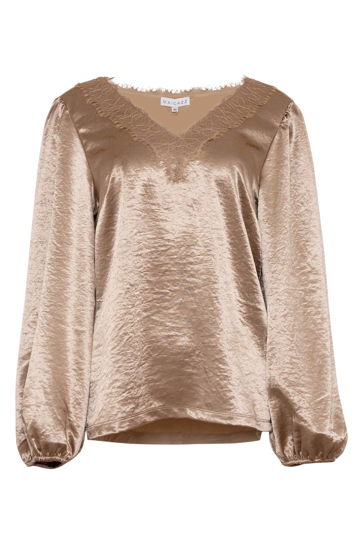 maicazz zoha shirt in goudkleur met kanten V-hals, satijnlook stof en lange mouwen
